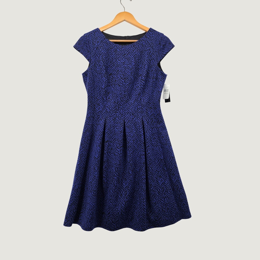 ALYX Dress Medium Royal Blue Black Textured Knit Fit Flare Cap Sleeve NWT New
